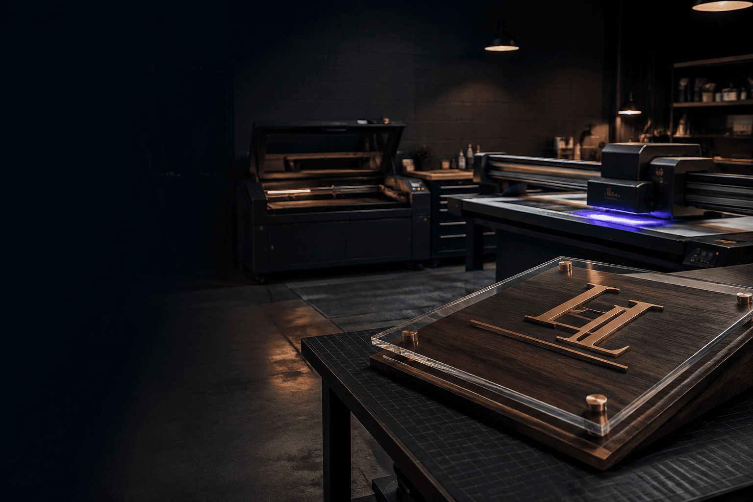 Custom manufacturing workshop with laser and UV printing equipment in Brick Township, New Jersey