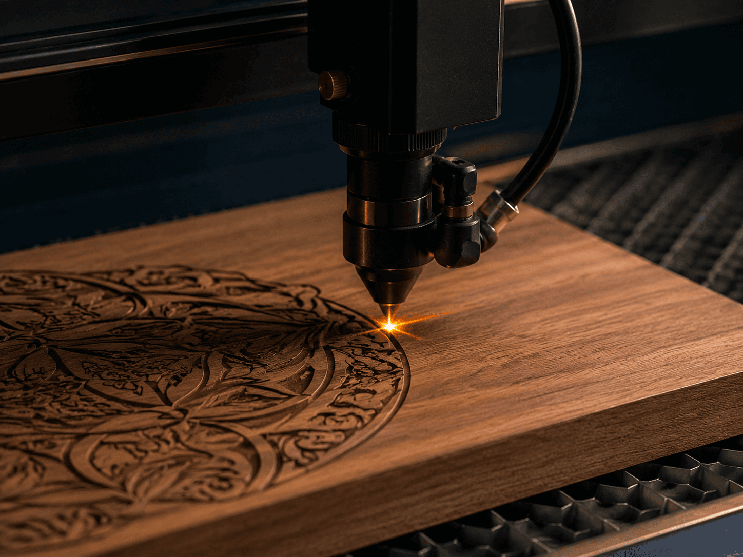 Laser engraving a detailed design into a walnut panel