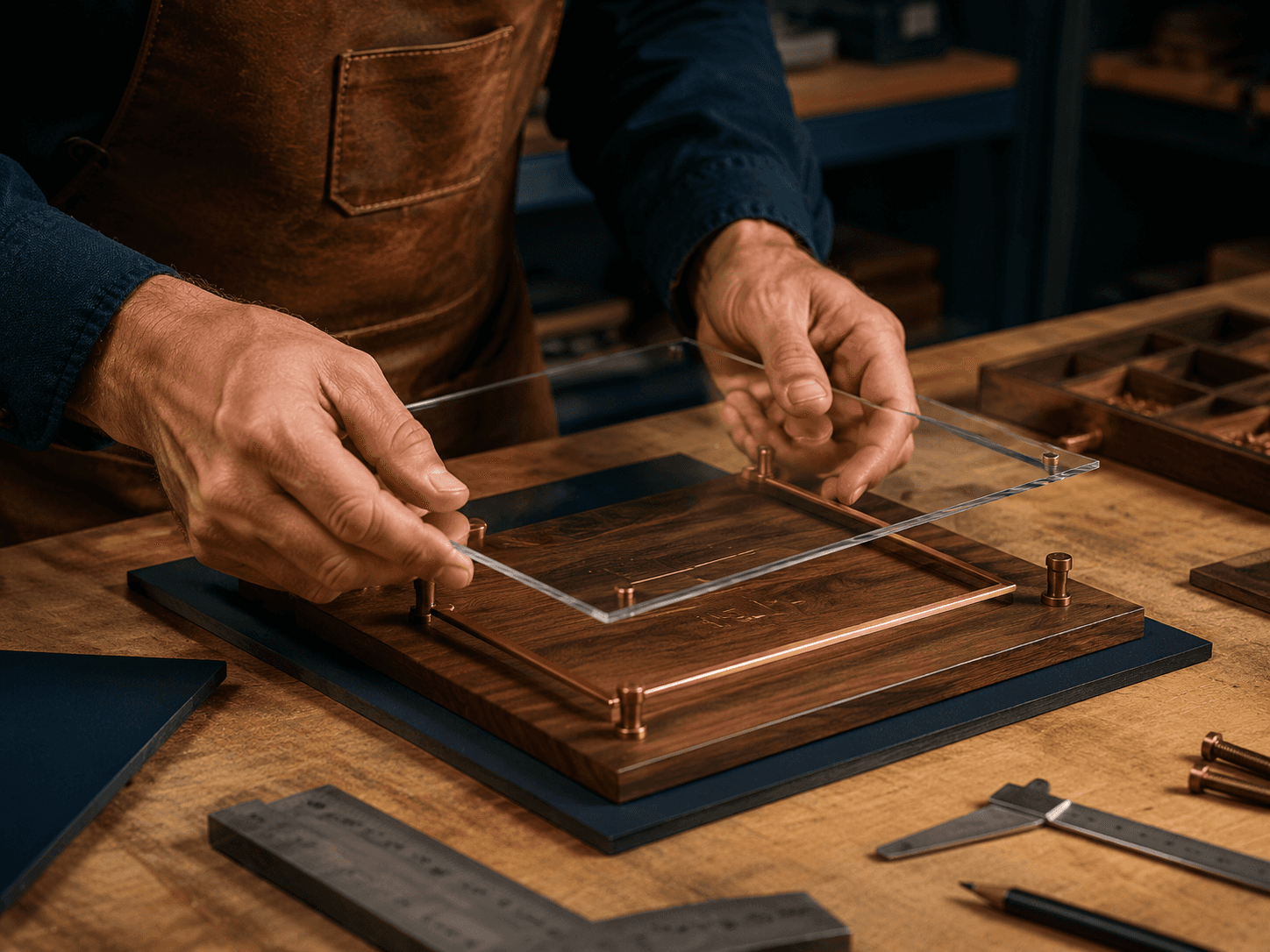 Hands assembling a layered wood and acrylic custom sign