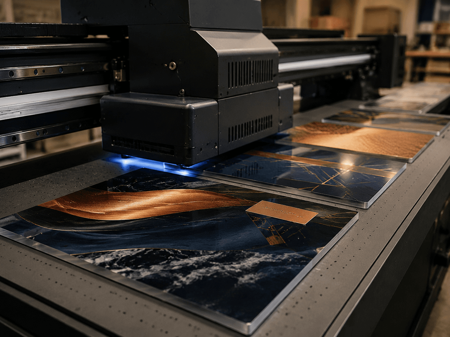 Flatbed UV printer producing graphics on rigid panels