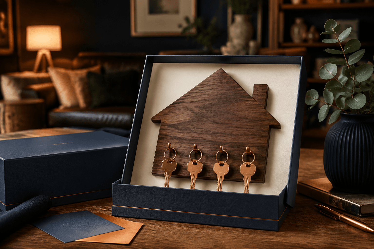 Engraved wood house key holder presented as a realtor closing gift
