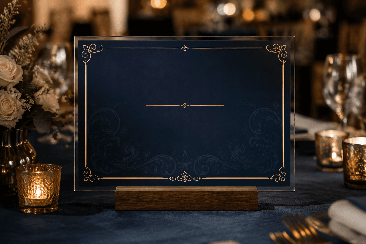 Elegant acrylic wedding welcome sign on a walnut base