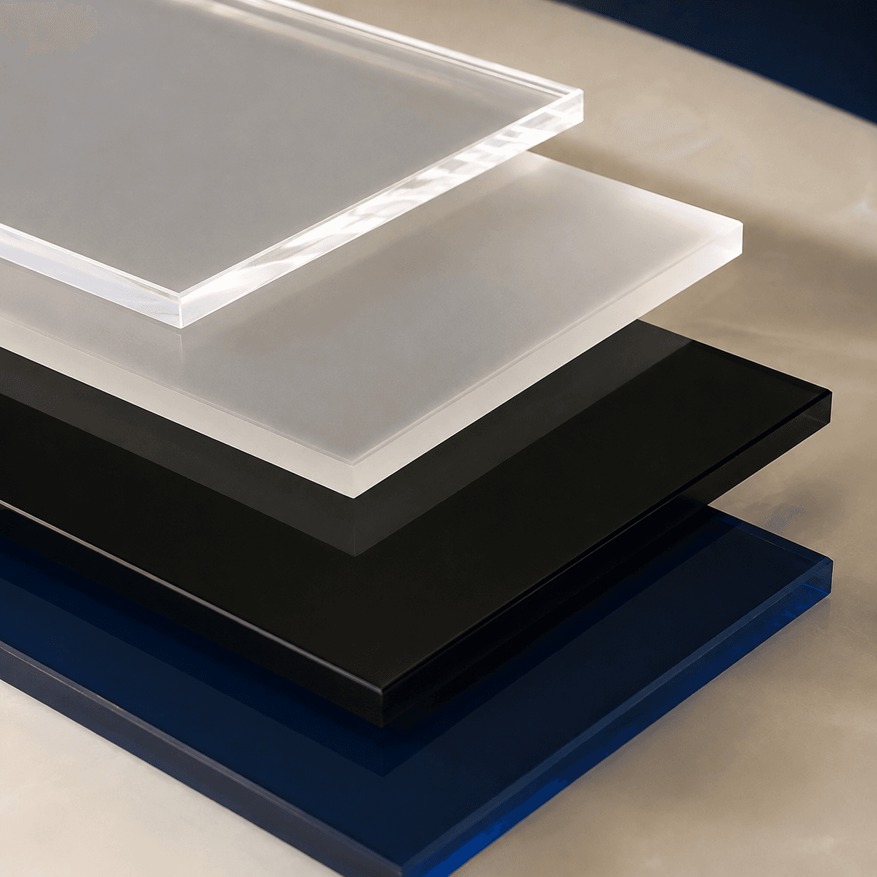 Clear, frosted, black and navy acrylic material samples