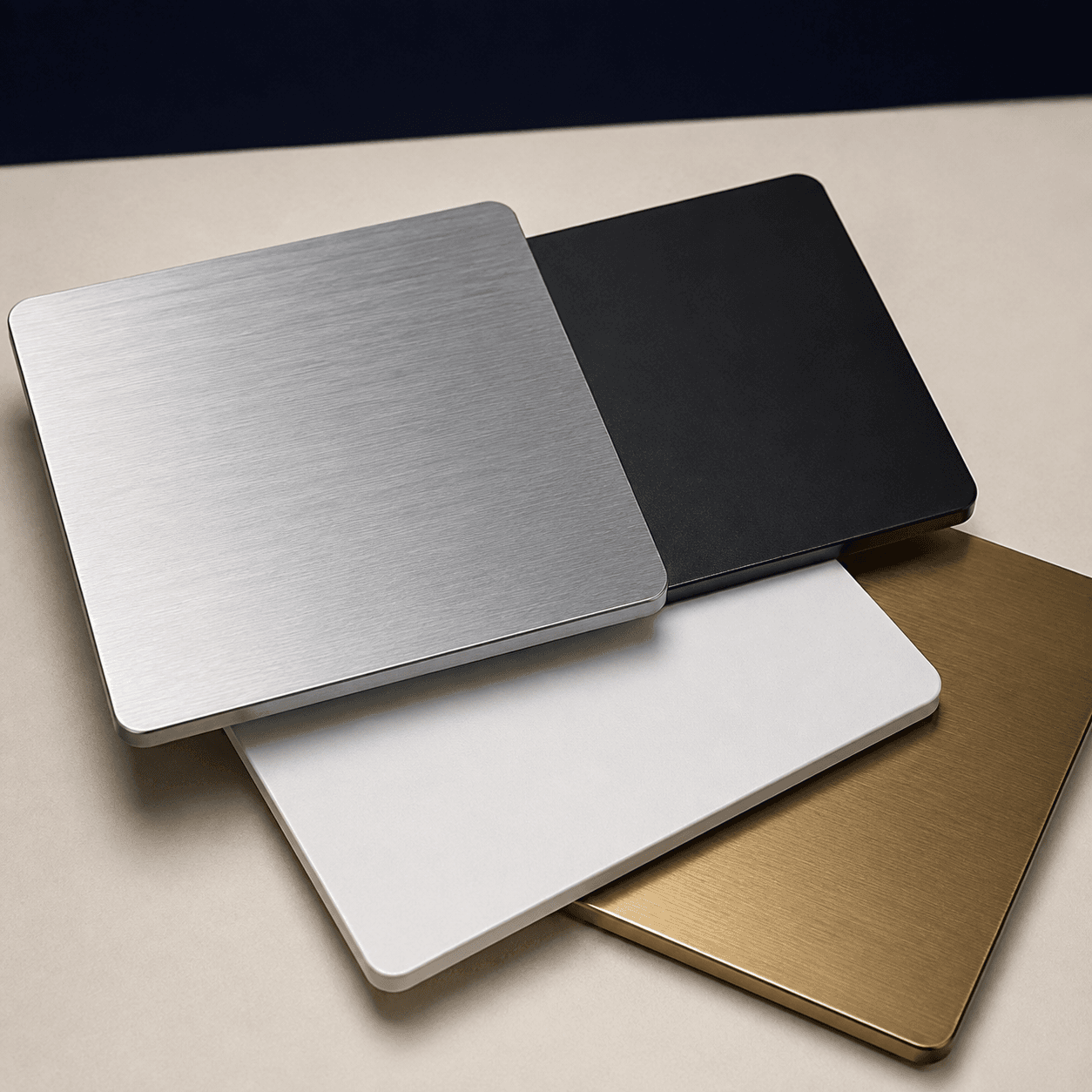 Brushed and coated metal sample plates in multiple finishes