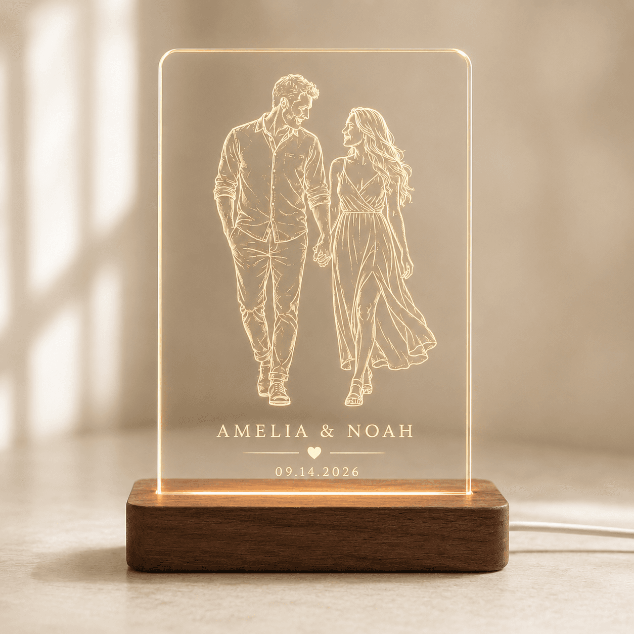 Custom couple acrylic night light with names and date