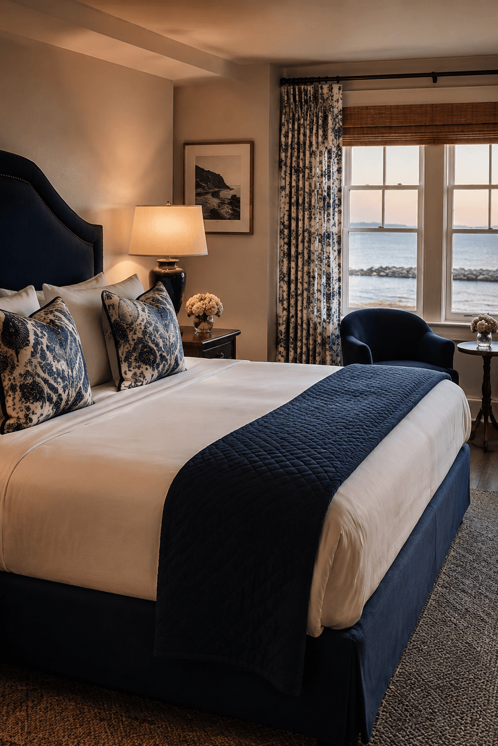 Coastal boutique hotel room with navy accents