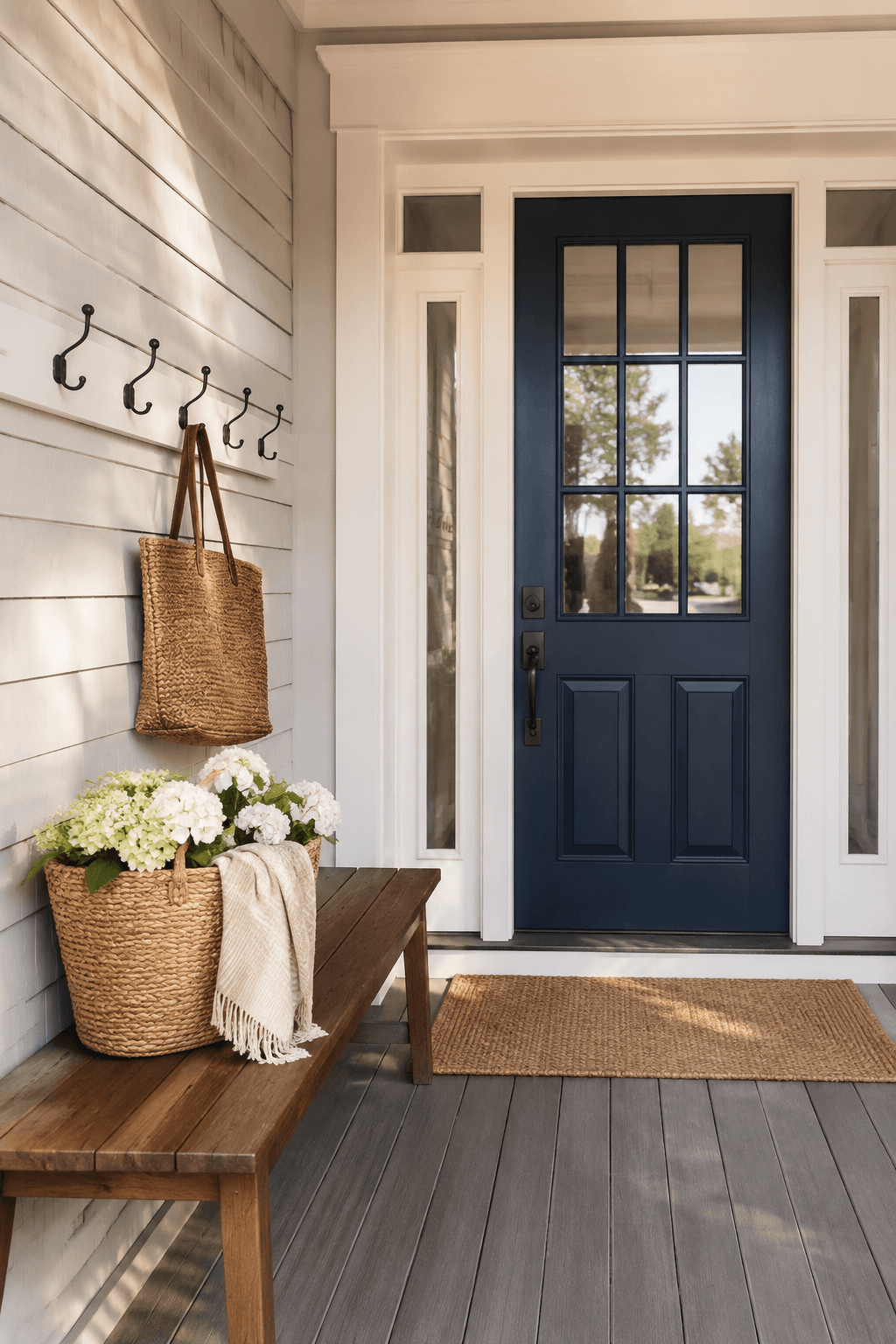Jersey Shore vacation rental entryway with navy door and walnut bench