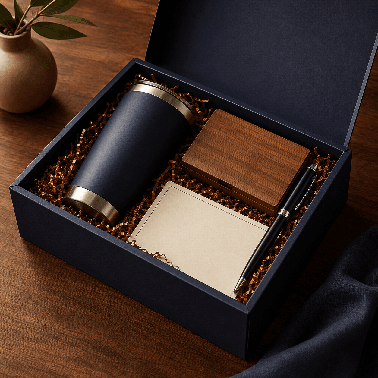 Navy client appreciation gift box with tumbler, walnut card case, pen and thank-you card