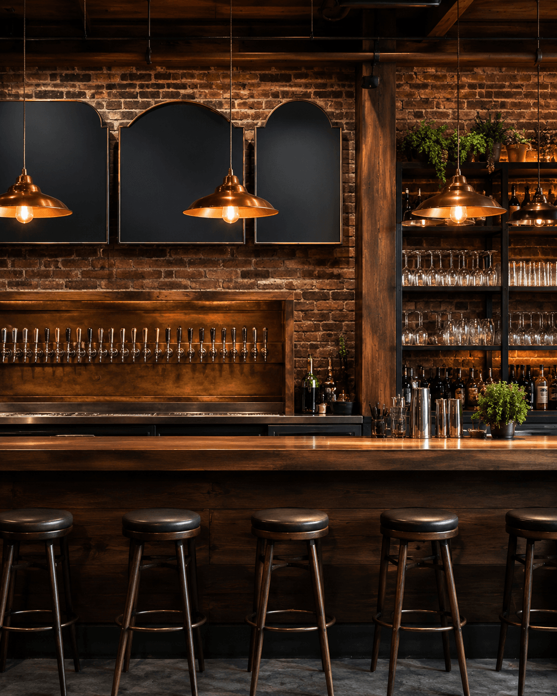 Warm craft brewery and restaurant bar with walnut and copper details