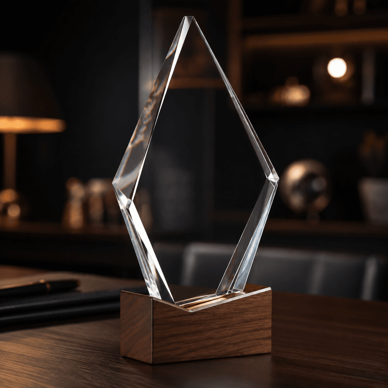 Premium clear crystal top performer recognition award on a walnut base