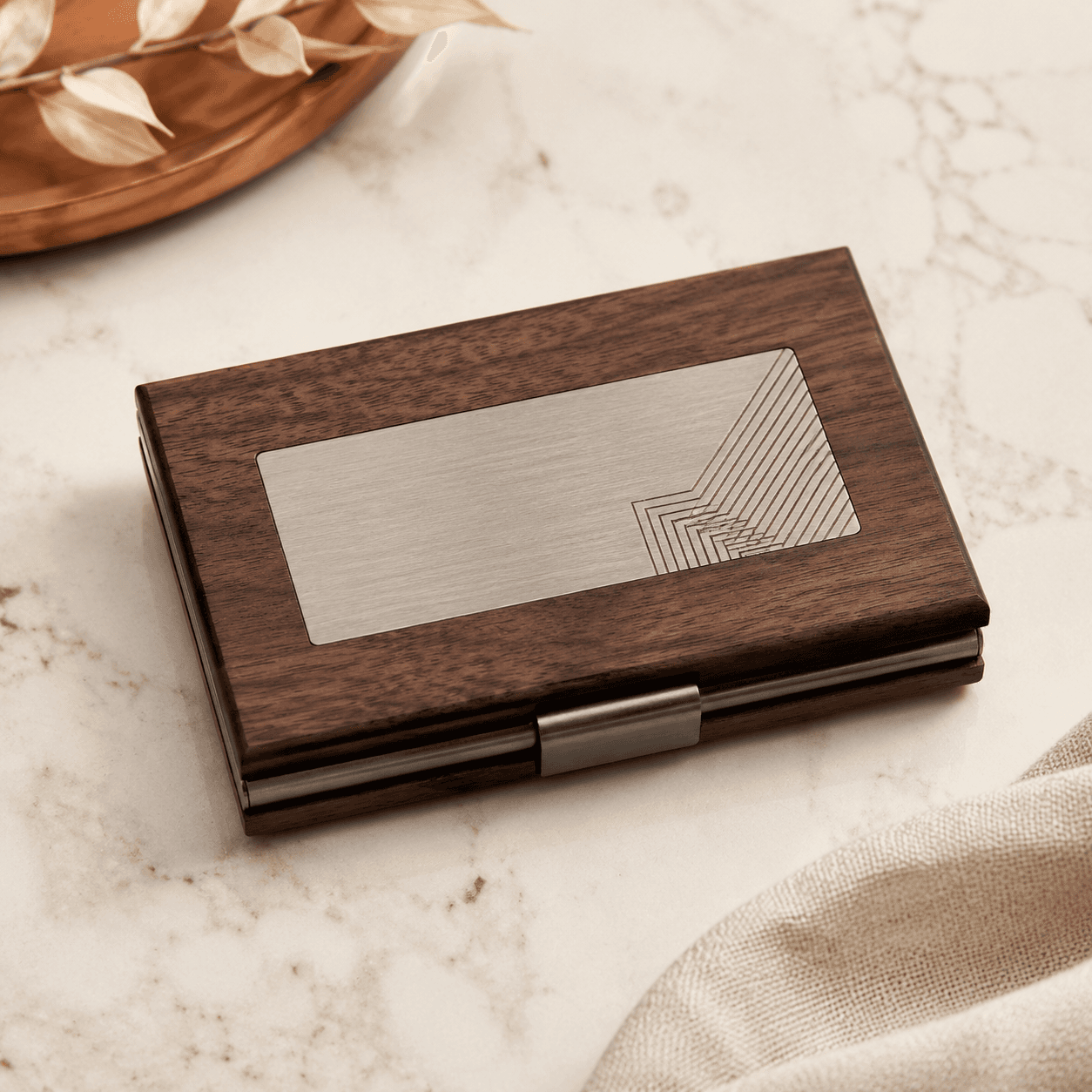 Walnut branded keepsake business card case with brushed metal inset