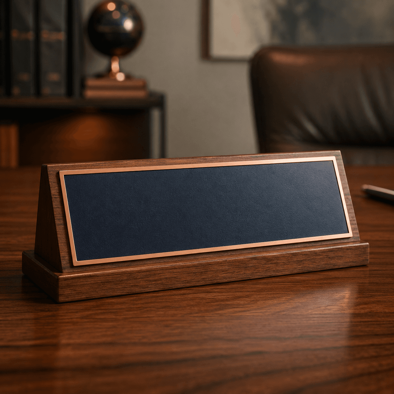 Executive walnut desk nameplate with navy metal face and copper trim