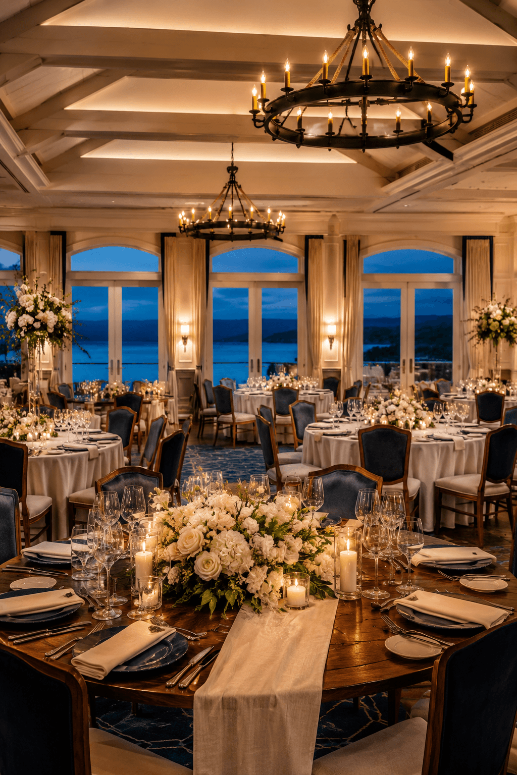 Elegant coastal event venue with navy accents and warm chandeliers