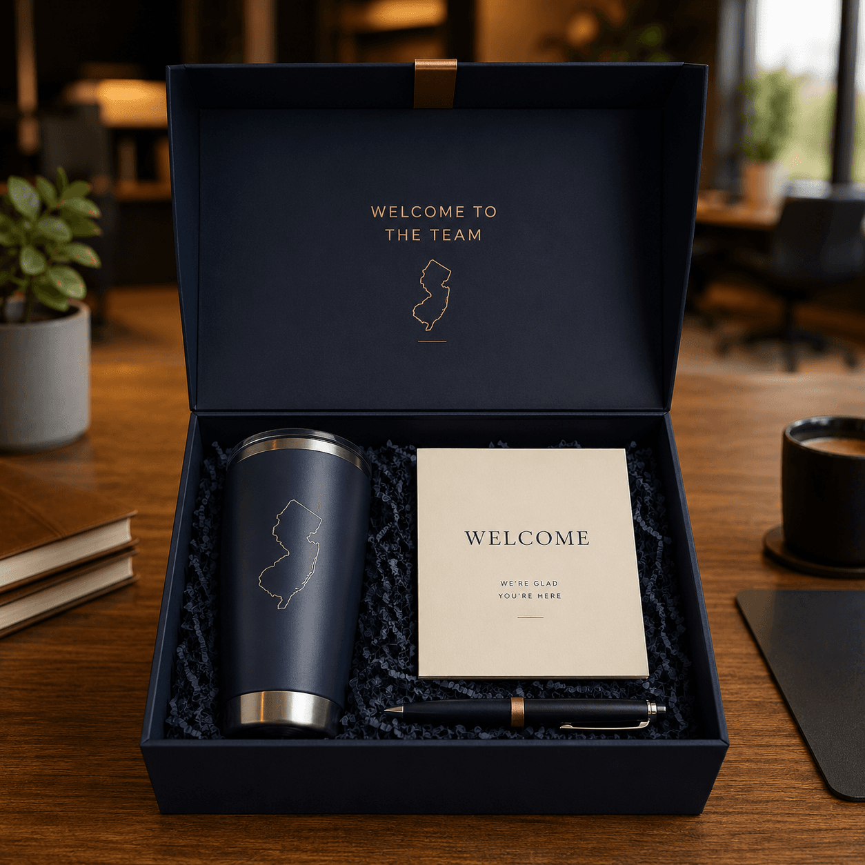 Premium new hire onboarding gift box with personalized tumbler, welcome card and pen