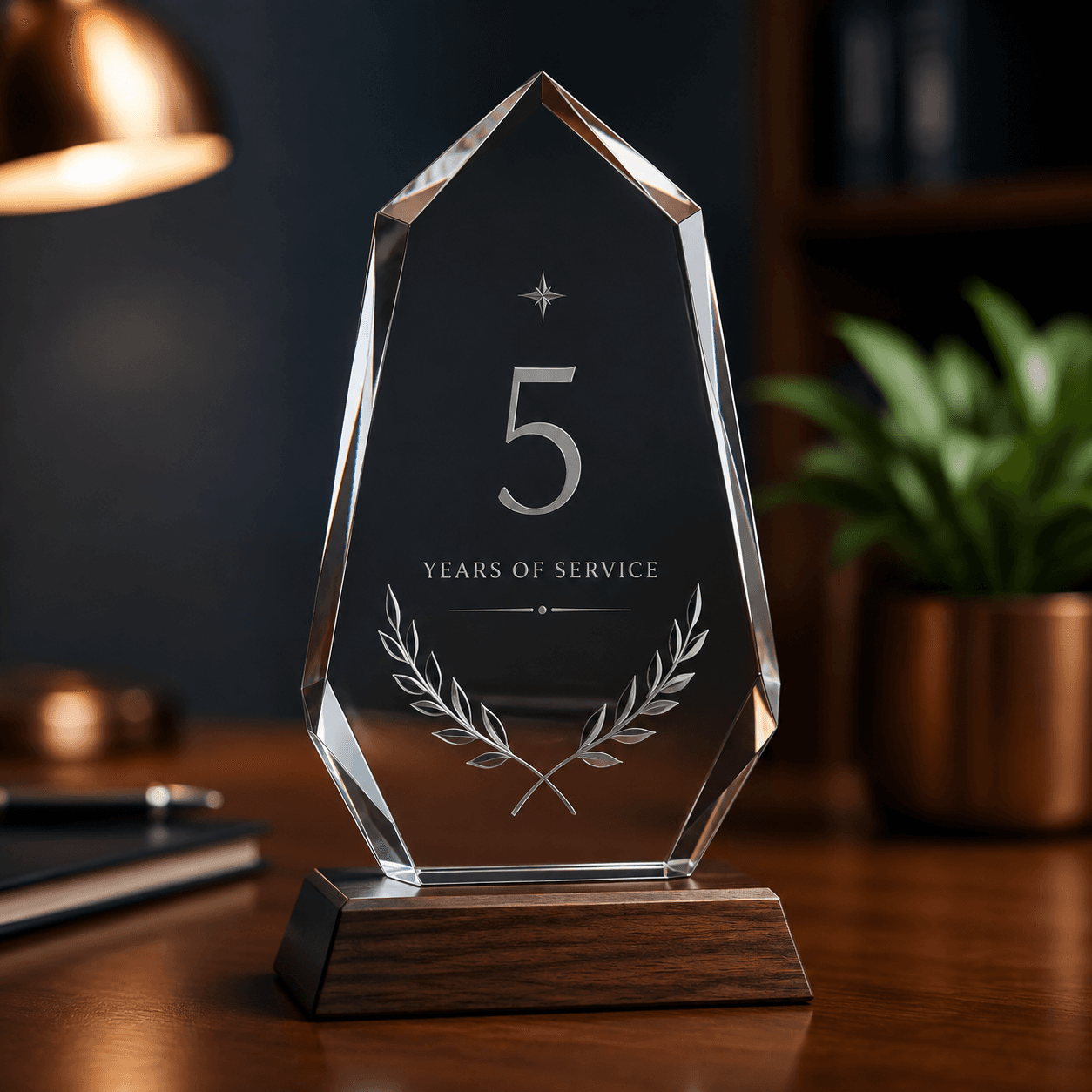 Clear acrylic five-year employee service milestone award on a walnut base