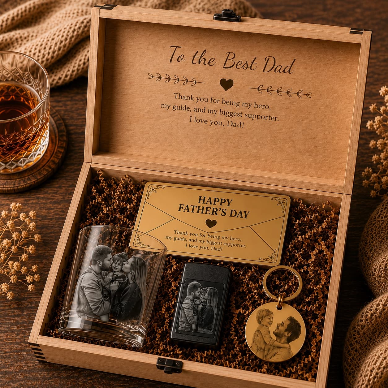 Open personalized Father’s Day gift box with engraved products