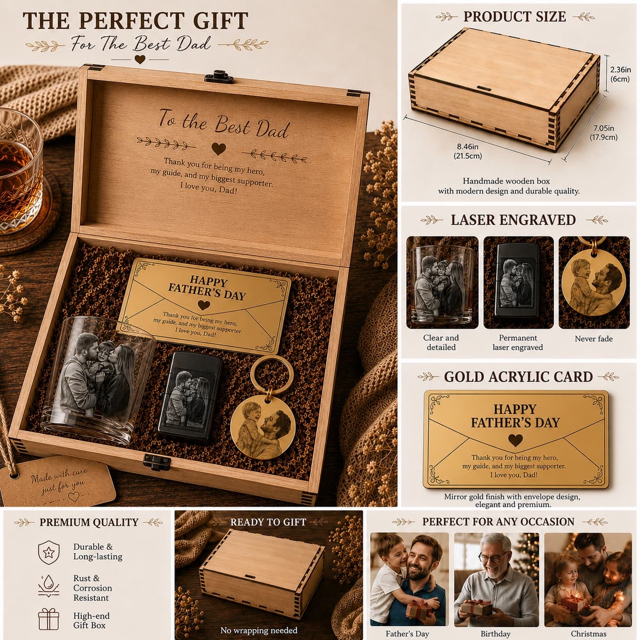 Personalized Father’s Day gift set with Zippo lighter, whiskey glass and keychain