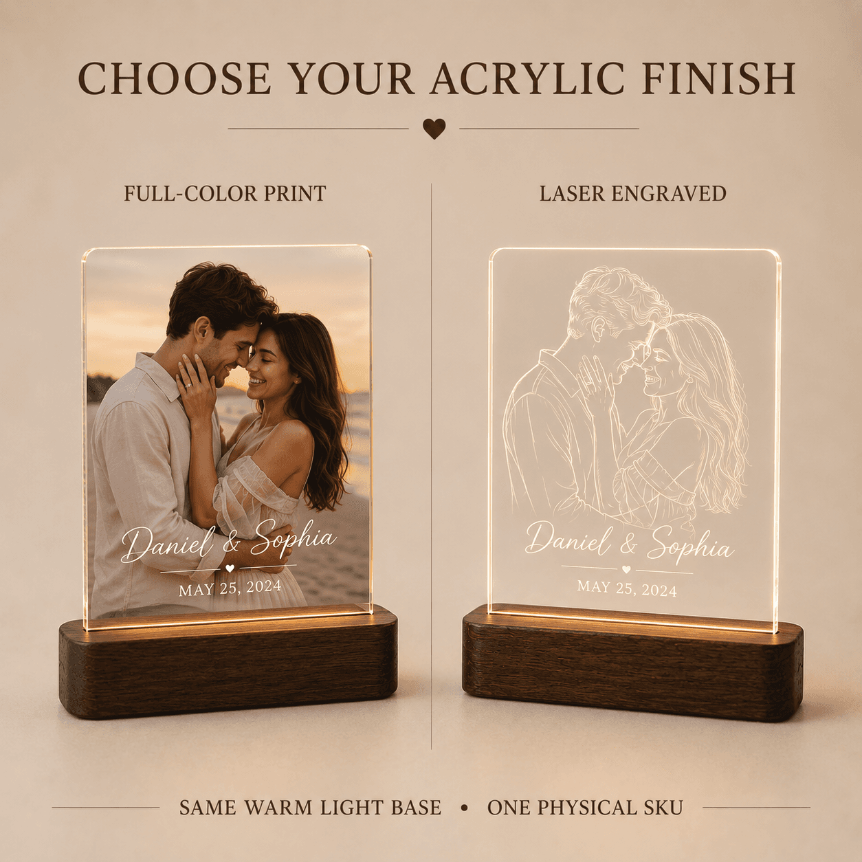 Full color printed and laser engraved acrylic finish options