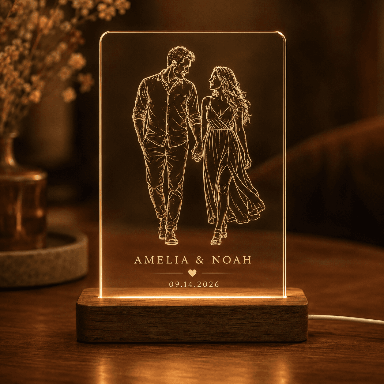 Personalized photo LED plaque with warm light wooden base