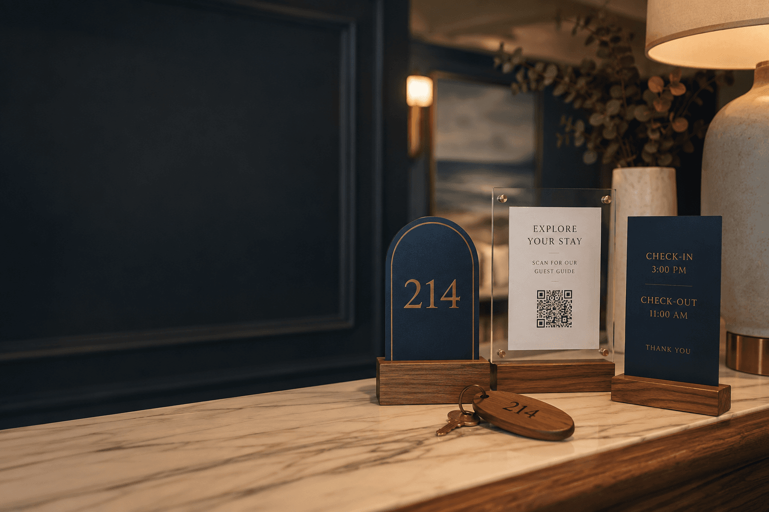 Coordinated hospitality room sign, guest QR guide, table sign, and key tag