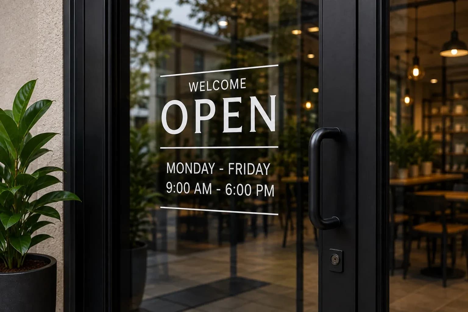 Custom business hours door and window lettering