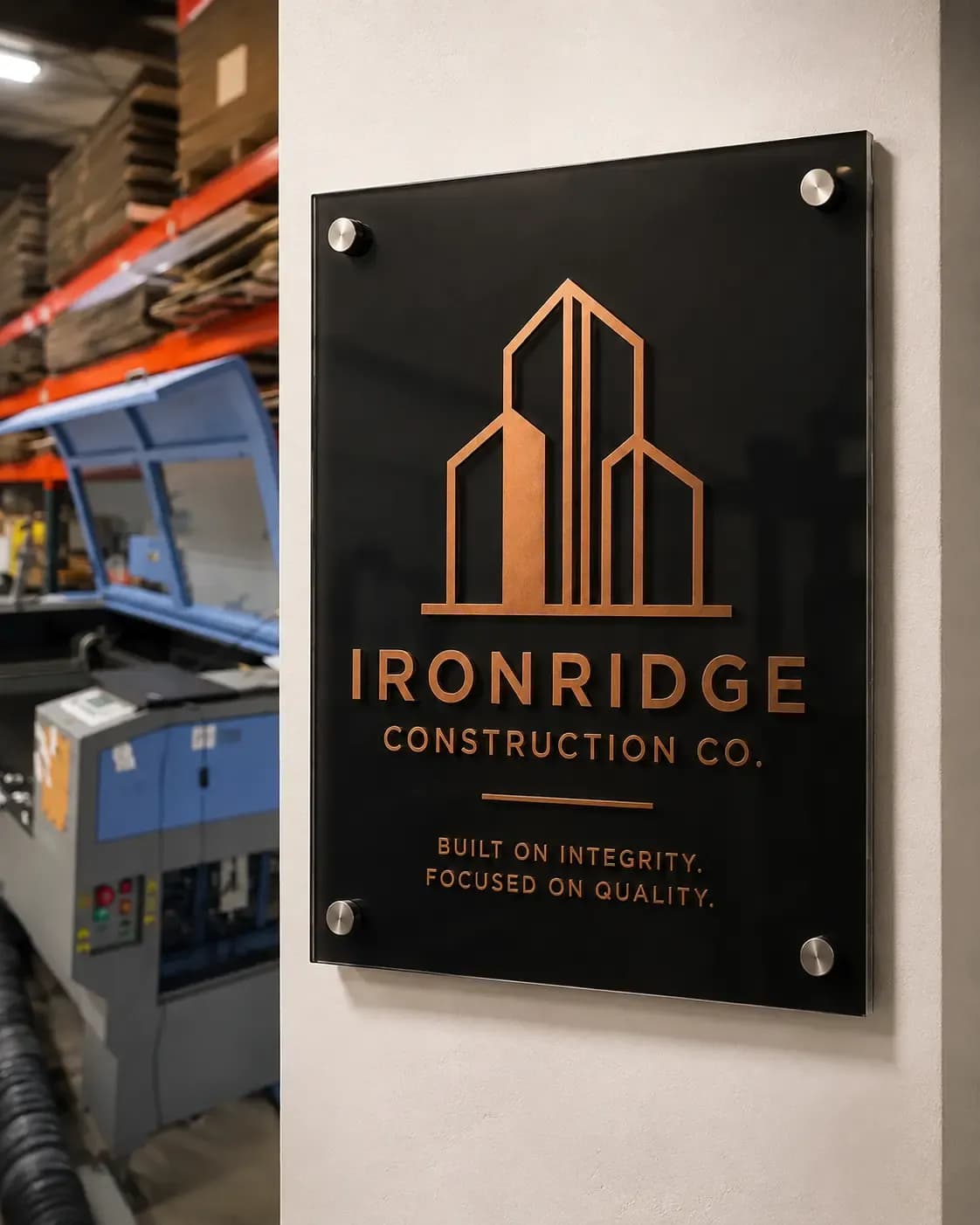 Finished custom acrylic business sign inside the LeuLeu workshop