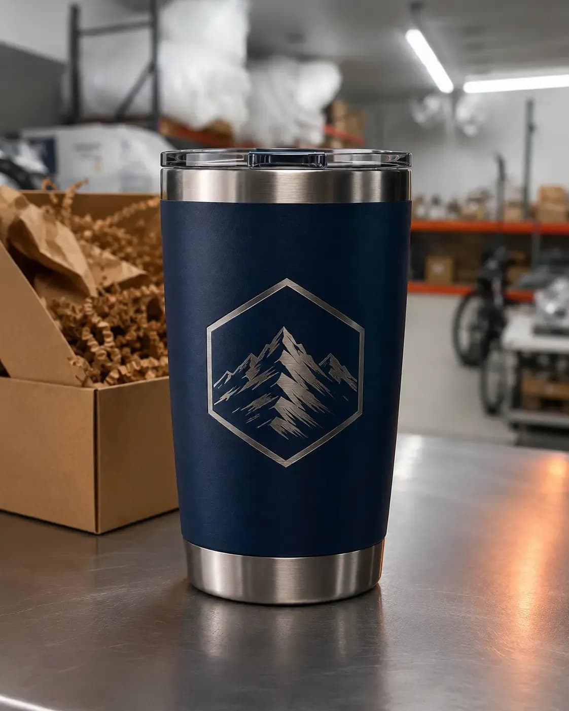 Engraved corporate gift tumbler prepared for packing in the LeuLeu workshop