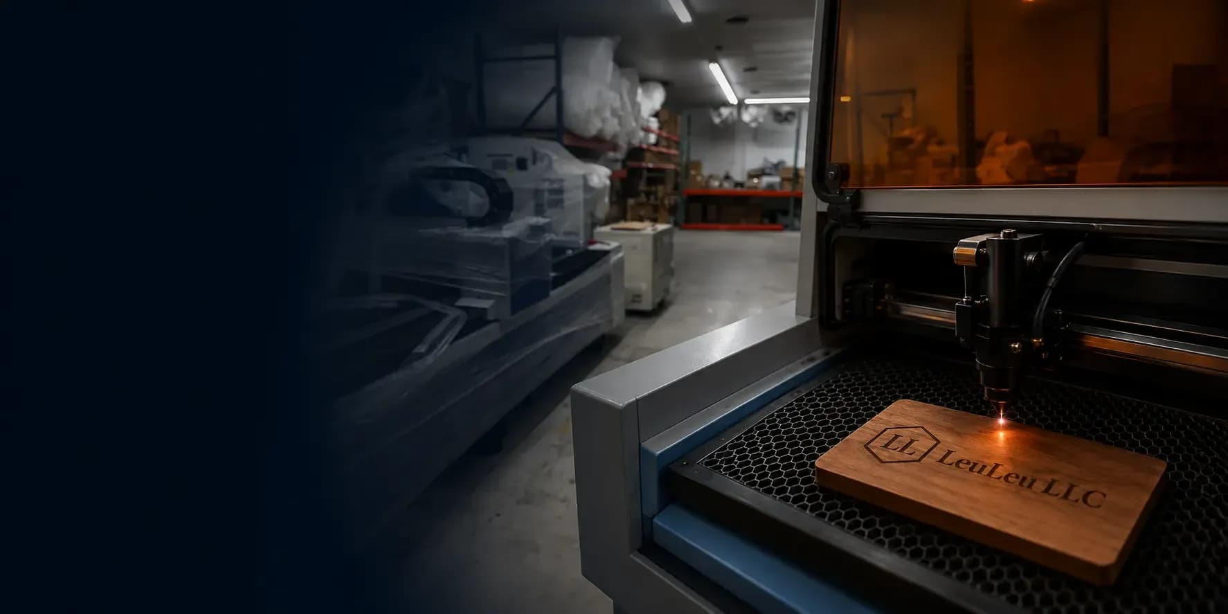 Laser engraving a LeuLeu walnut plaque inside the real New Jersey workshop