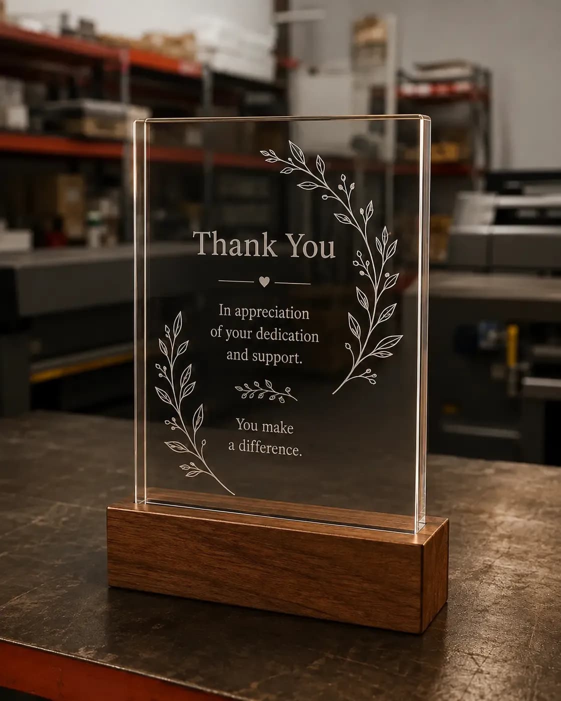 Personalized acrylic appreciation gift on a walnut base in the LeuLeu workshop