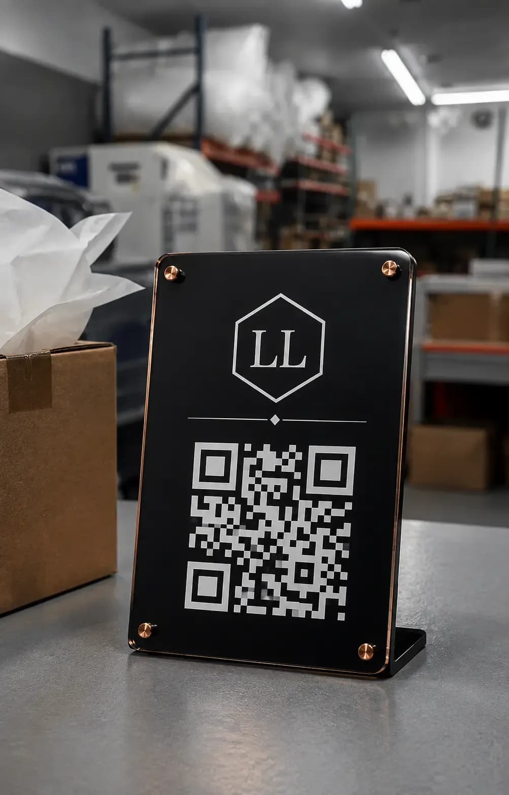 Custom QR display prepared for seller fulfillment in the LeuLeu workshop