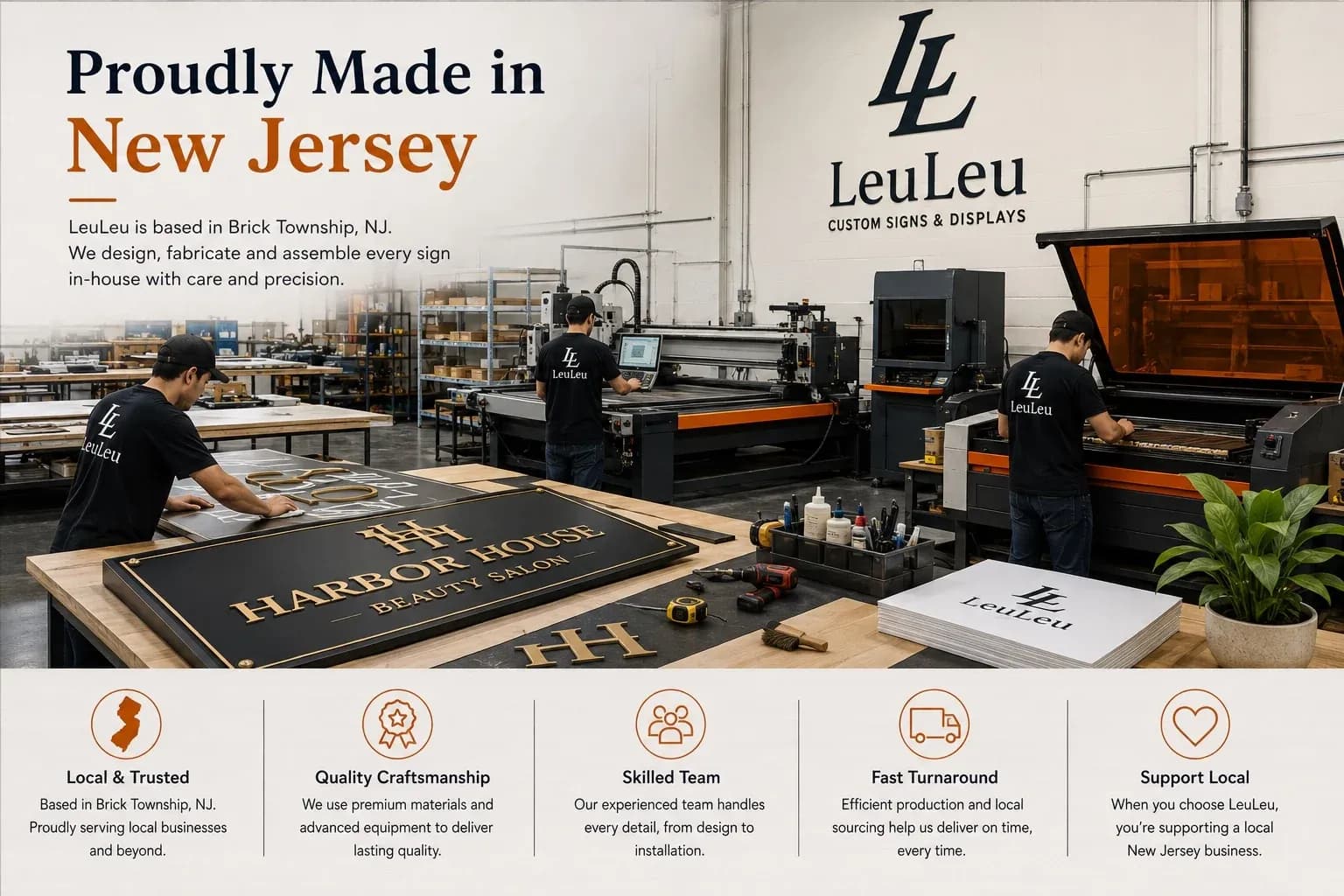 LeuLeu team producing custom business signs in Brick Township, New Jersey