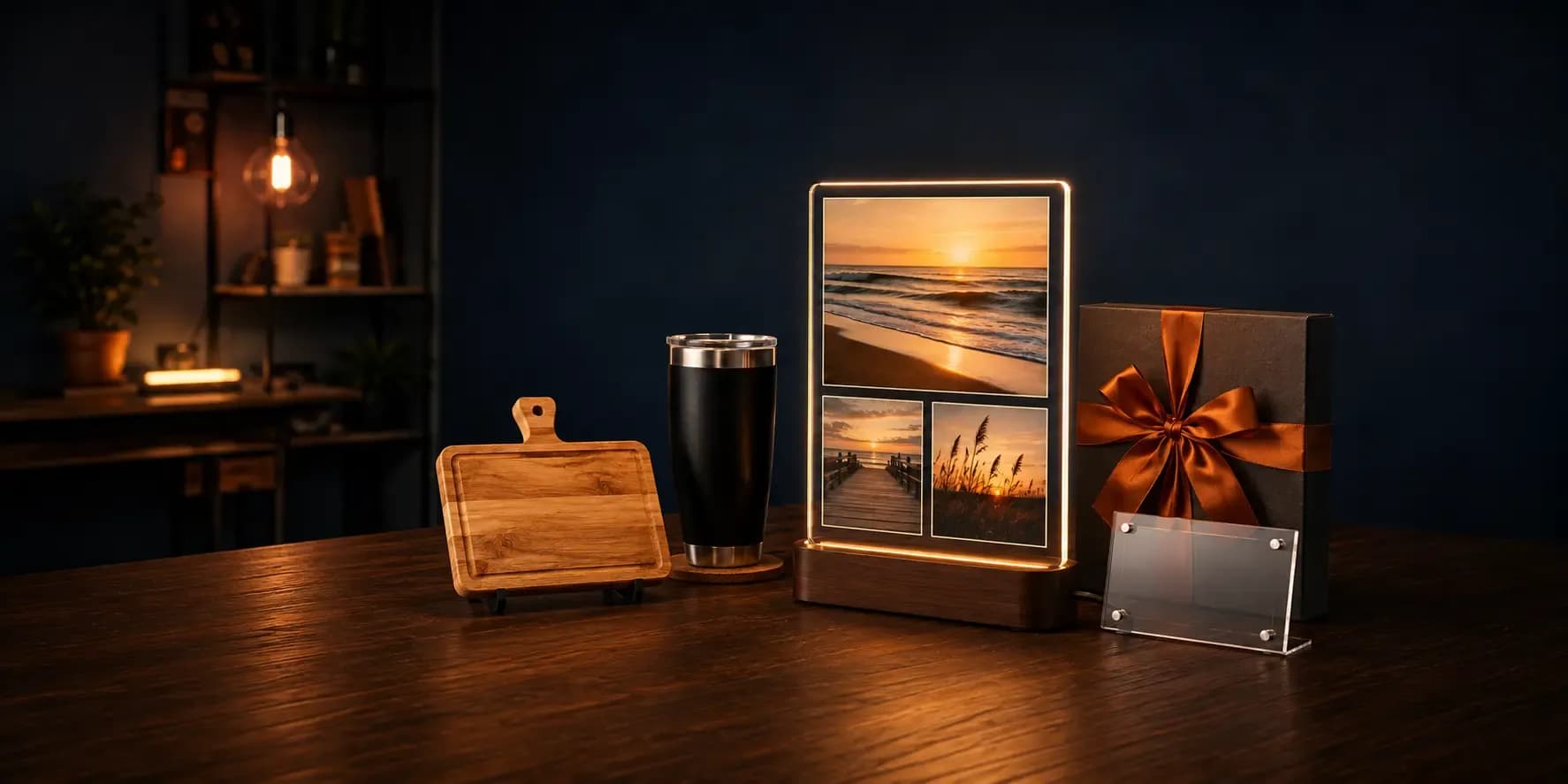 Personalized gift collection with custom LED photo plaque, engraved tumbler, cutting board and acrylic sign