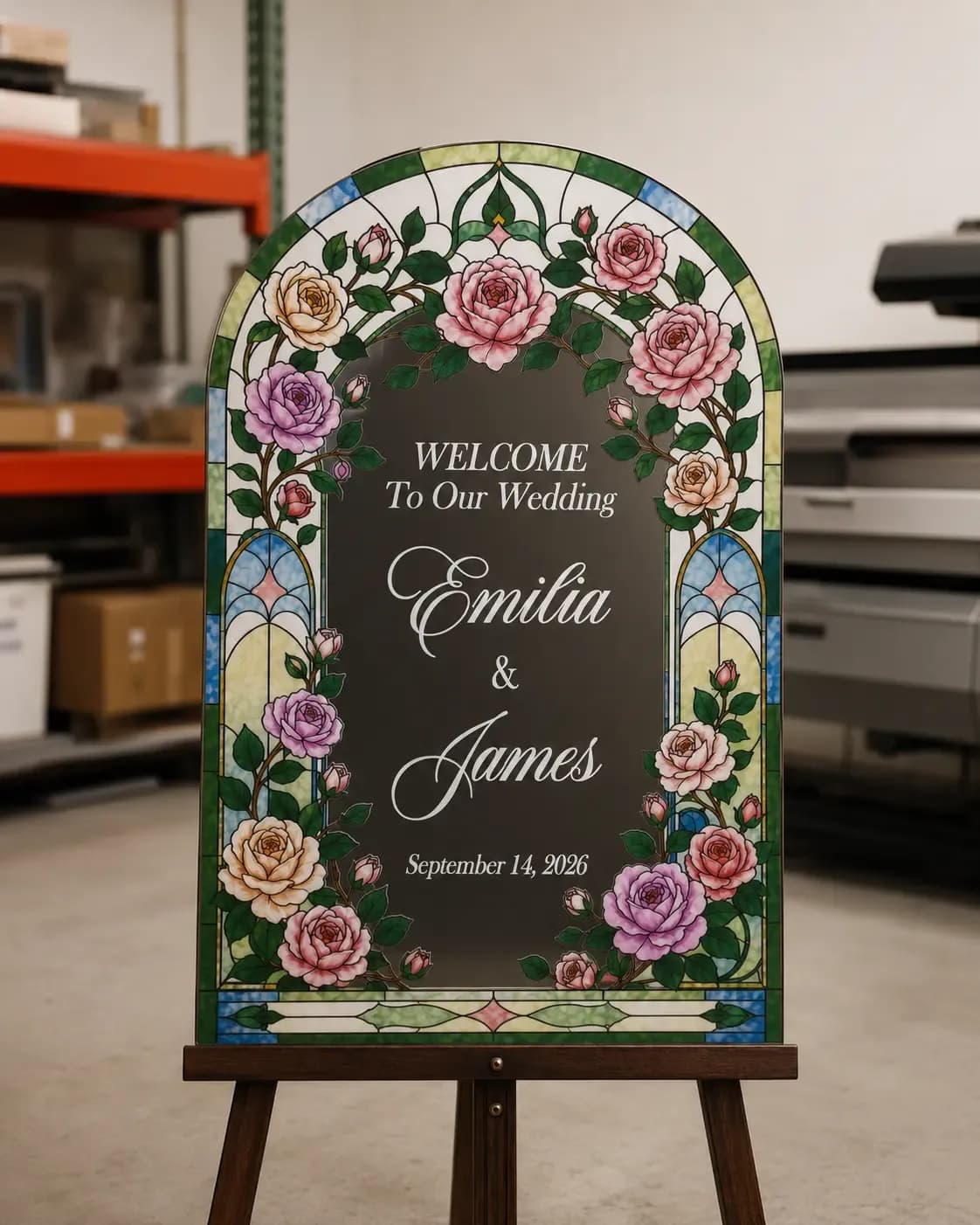 Real floral mirrored wedding welcome sign produced in the LeuLeu New Jersey workshop